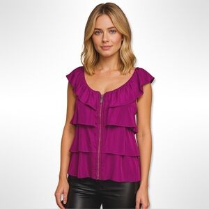 Bellatrix Fuchsia Silk Ruffled Top With Zipper Size Medium 100% Silk Blouse